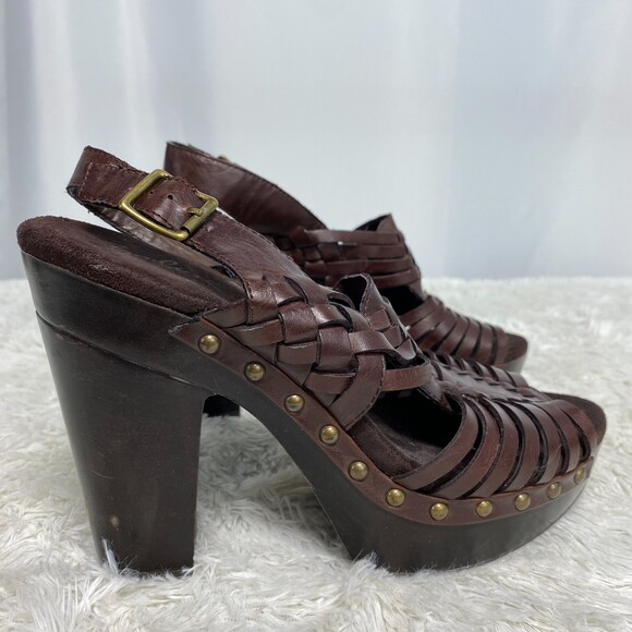 Zodiac Vintage Brown Leather Woven Platform Block Heels Approx 9 - Picture 3 of 10